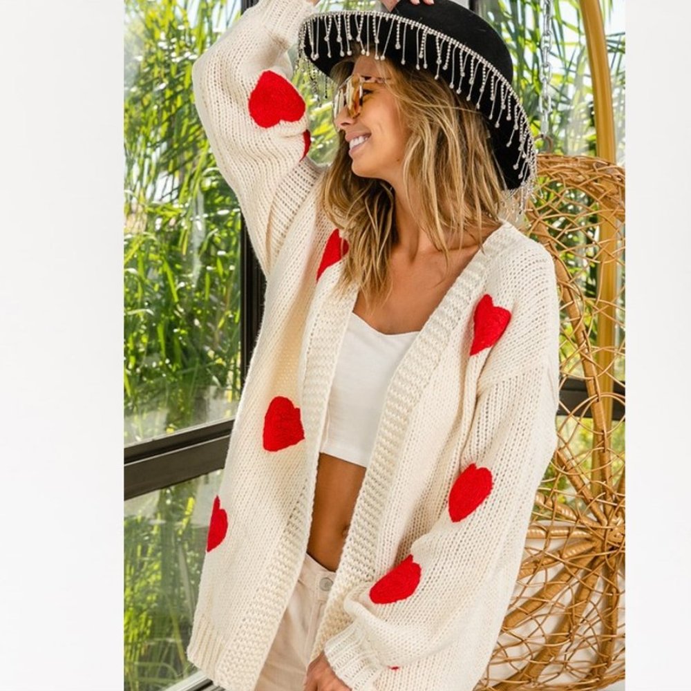 New Heart Embroidered Cardigan Sweater ~ Sweetest Oversized Knit Valentine' Day - Picture 4 of 7